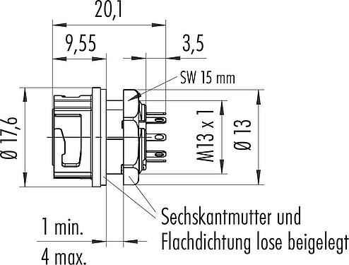 Maßzeichnung Bajonett Flanschdose, Polzahl: 8, ungeschirmt, löten, IP67, M13x1,0, Frontmontage