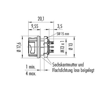 Maßzeichnung Bajonett Flanschdose, Polzahl: 8, ungeschirmt, löten, IP67, M13x1,0, Frontmontage