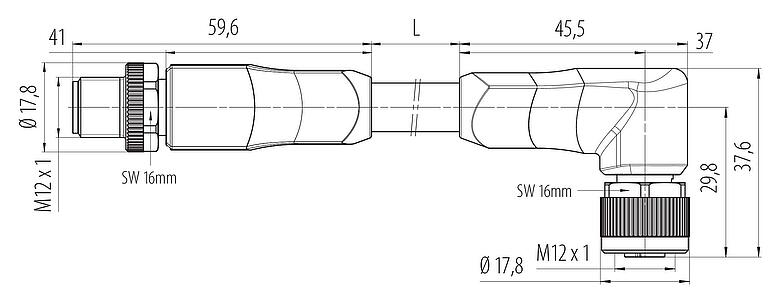 Dessin coté M12 Connecteur mâle - connecteur d‘angle femelle, Contacts: 4+PE, non blindé, surmoulé sur le câble, IP68, UL 2238, PUR, noir, 5 x 2,50 mm², UL en préparation, 5 m