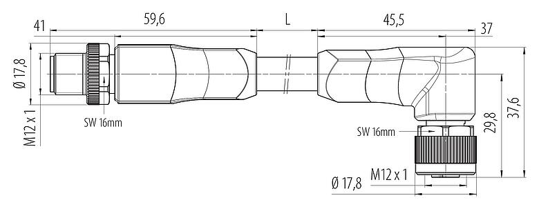 Scale drawing 77 0679 0674 50505-0200 - M12/M12 Male cable connector - female angled connector, Contacts: 4+PE, unshielded, moulded on the cable, IP68, PUR, black, 5 x 2.50 mm², UL in preparation, 2 m