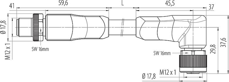 Dessin coté M12 Connecteur mâle - connecteur d‘angle femelle, Contacts: 4+PE, non blindé, surmoulé sur le câble, IP68, UL 2238, PUR, noir, 5 x 1,50 mm², UL en préparation, 2 m