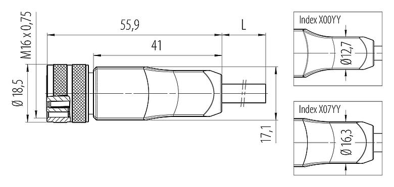 Scale drawing M16 Female cable connector, Contacts: 8, shielded, moulded on the cable, IP67, PUR, black, 8 x 0.25 mm², 5 m