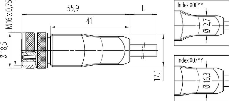 Scale drawing M16 Female cable connector, Contacts: 8, shielded, moulded on the cable, IP67, PUR, black, 8 x 0.25 mm², 5 m