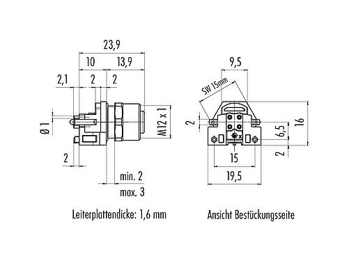 Maßzeichnung M12 Flanschdose, Polzahl: 4, schirmbar, THR, IP68, UL 2238, M12x1,0, Frontmontage, für die Leiterplattenmontage