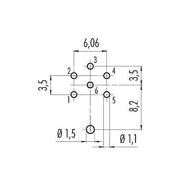 Leiterplattenlayout 09 0124 290 06 - M16 Flanschdose, Polzahl: 6 (06-a), schirmbar, THT, IP67, UL, von vorne verschraubbar