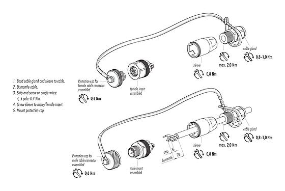 Instrukcja montażu M12 Męskie złącze kablowe proste, Kontaktów: 4, 4,0-6,5 mm, nieekranowany, zacisk śrubowy, IP68/IP69K, do zastosowań zewnętrznych, UV-Beständig