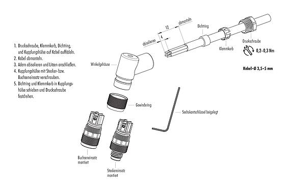 Montageanleitung M8 Winkelstecker, Polzahl: 4, 3,5-5,0 mm, ungeschirmt, schraubklemm, IP67, UL 2238