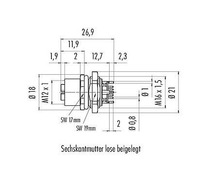Disegno in scala M12 Connettore femmina a flangia, Numero poli: 8, schermabile, THT, IP67, UL, M16x1,5, Montaggio anteriore