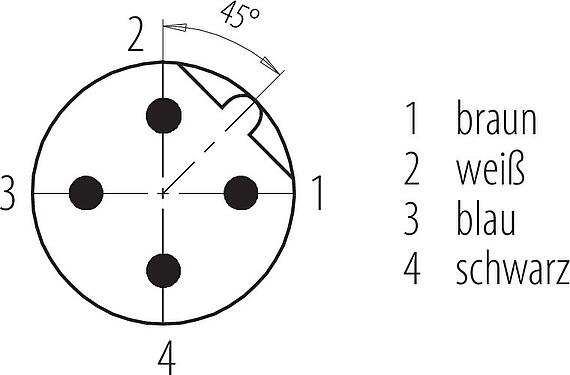 Polbild (Steckseite) M12 Kabelstecker, Polzahl: 4, ungeschirmt, am Kabel angespritzt, IP68/IP69K, UL 2238, PUR, schwarz, 4 x 0,34 mm², 2 m
