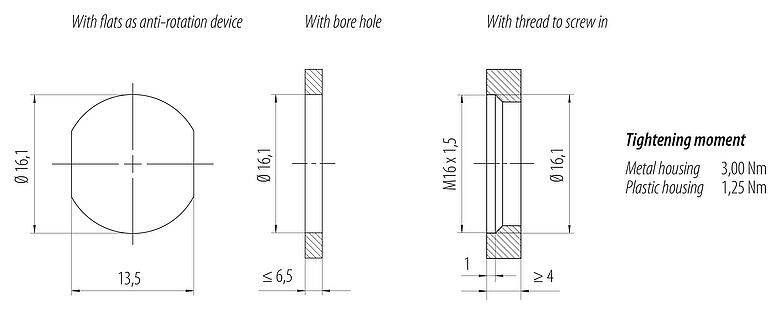 Instructions de montage / Découpe du panneau M12 Embase femelle, Contacts: 4+FE, non blindé, THR, IP67, UL 2238, M16x1,5, Montage frontal