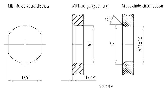 Montageanleitung / Montageausschnitt M12 Flanschstecker, Polzahl: 5, ungeschirmt, Litzen, IP68, UL 2238, M16x1,5, Frontmontage, vergossen