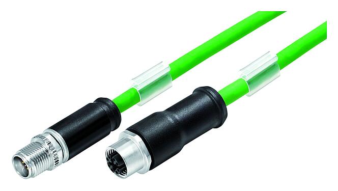 Minh hoạ M12 Cáp kết nối phích cắm cáp - ổ cắm cáp, Số lượng cực : 8, có chống nhiễu, ép phun vào dây cáp, IP67, UL, PUR, màu xanh lá, AWG 26/7, 5m