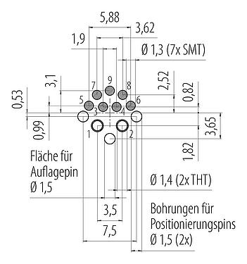 Leiterplattenlayout M12 Einbaustecker, Polzahl: 2+7, löten, IP67 gesteckt und verriegelt, Frontmontage
