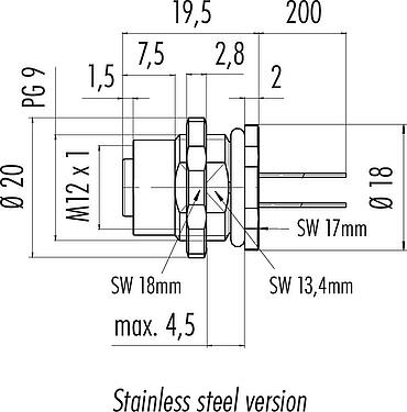 Scale drawing M12 Female panel mount connector, Contacts: 4, unshielded, single wires, IP68/IP69K, UL 2238, PG 9, Rear mounting, stainless steel, potted