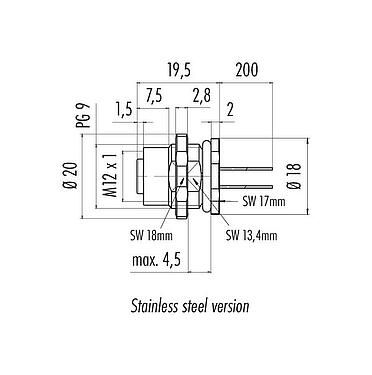 Skalritning M12 Flänsuttag, antal poler: 4, oskärmad, flätad kabel, IP68/IP69K, UL 2238, PG 9, Bakre väggmontering, Rostfritt stål