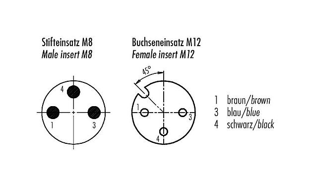 Układ styków (strona przyłączeniowa) M12/M8 Męskie złącze kablowe proste - żeńskie złącze kablowe kątowe, Kontaktów: 3, nieekranowany, formowane wtryskowo na kablu, IP67/IP69K, PUR, czarny, 3 x 0,25 mm², z diodą PNP, 1 m