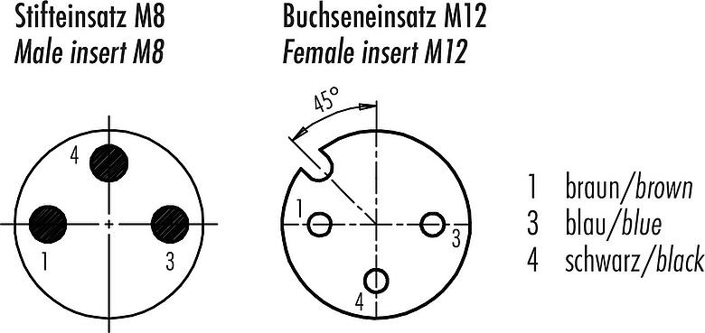 Układ styków (strona przyłączeniowa) M12/M8 Męskie złącze kablowe proste - żeńskie złącze kablowe kątowe, Kontaktów: 3, nieekranowany, formowane wtryskowo na kablu, IP67/IP69K, PUR, czarny, 3 x 0,25 mm², z diodą PNP, 2 m