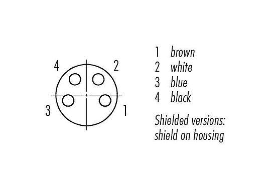 Disposition des contacts (Côté plug-in) M8 Connecteur femelle, Contacts: 4, blindé, surmoulé sur le câble, IP67/IP69K, M8x1,0, PUR, noir, 4 x 0,34 mm², 2 m