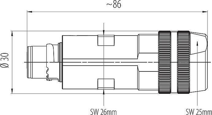 Výkres v měřítku Bajonet Zástrčka kabelu, : 6 (3+PE+2), 7,0-14,0 mm, stínitelné, šroubovací svorka, IP67 zapojený a uzamčení, UL 2237