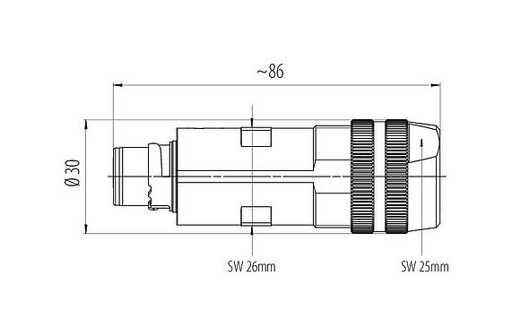 Dessin coté 99 6155 000 06 - Baïonnette Connecteur mâle, Contacts: 6 (3+PE+2), 7,0-14,0 mm, blindable, pince à visser, IP67 enfiché et verrouillé, UL 2237