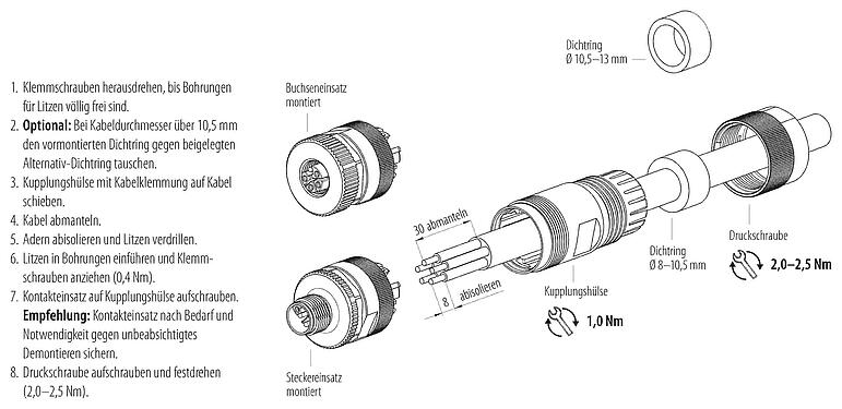 Montageanleitung M12 Kabeldose, Polzahl: 4+FE, 8,0-13,0 mm, ungeschirmt, schraubklemm, IP67, UL 2238, M12x1,0