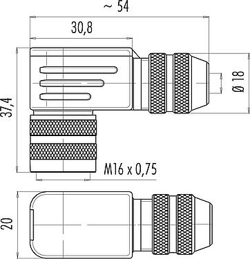 Mittakaavapiirustus M16 Kulmarasia, Napojen määrä: 12 (12-a), 6,0-8,0 mm, suojattavissa, juotos, IP67, UL 2238