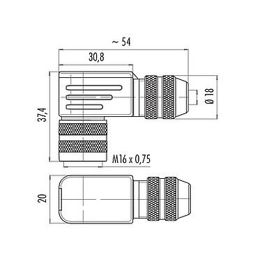 Dessin coté 99 5672 79 08 - M16 Connecteur femelle coudé, Contacts: 8 (08-a), 6,0-8,0 mm, blindable, souder, IP67, UL