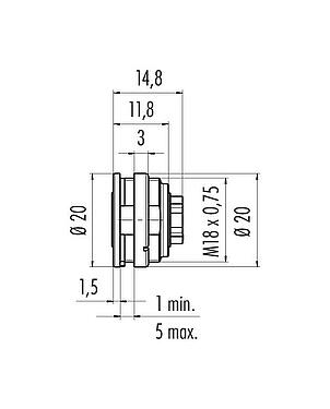 Scale drawing M16 Female panel mount connector, Contacts: 4 (04-a), unshielded, crimping (Crimp contacts must be ordered separately), IP67, UL 2238, M18x0,75, Front mounting