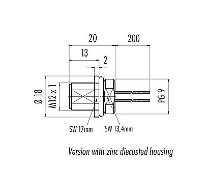Scale drawing 76 0131 0111 00012-0200 - M12 Male panel mount connector, Contacts: 12, unshielded, single wires, IP68, UL, PG 9