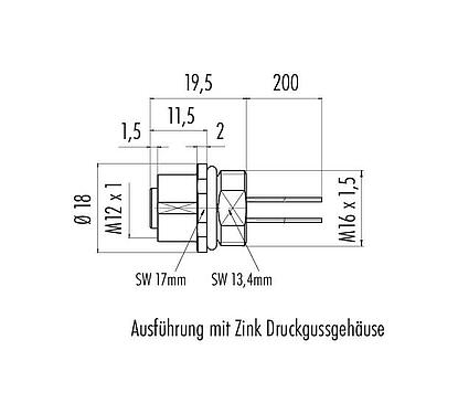 Maßzeichnung M12 Flanschdose, Polzahl: 4, ungeschirmt, Litzen, IP67, UL 2238, M16x1,5, Frontmontage