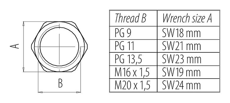 Méretarányos rajz 16 0917 001 - M12-A/B/D/K/K/L/S/T/US/X - Hexagon nut for mounting thread M20x1,5