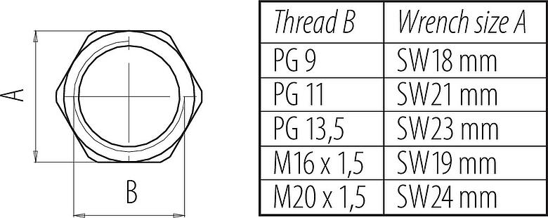 Scale drawing 16 0403 001 - M12-A/B/D/K/K/L/S/T/US/X - Hexagon nut for mounting thread PG 11