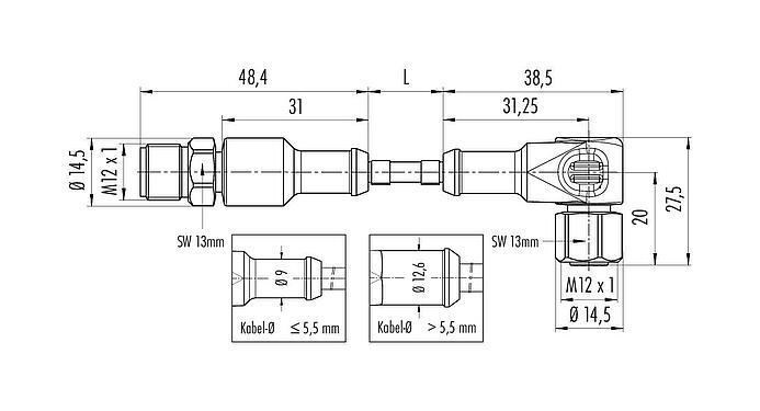 Maßzeichnung M12 Verbindungsleitung Winkeldose - Kabelstecker, Polzahl: 5, ungeschirmt, am Kabel angespritzt, IP67/IP69K, UL 2238, Ecolab, PVC, grau, 5 x 0,34 mm², Lebensmittelindustrie, Edelstahl, 5 m