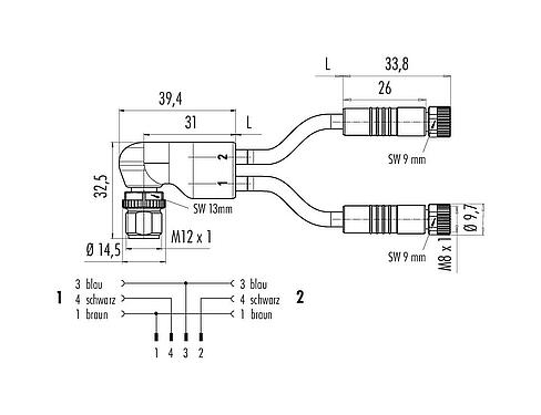 Maßzeichnung M12/M8 Kabelsplitter Winkelstecker - 2 Kabeldosen, Polzahl: 4/3, ungeschirmt, am Kabel angespritzt, IP67, UL 2238, PUR, schwarz, 3 x 0,34 mm², 2 m
