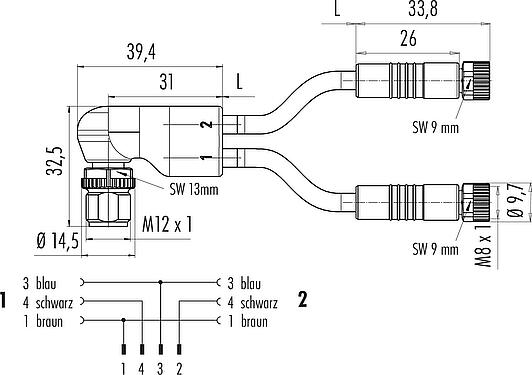 Maßzeichnung M12/M8 Kabelsplitter Winkelstecker - 2 Kabeldosen, Polzahl: 4/3, ungeschirmt, am Kabel angespritzt, IP67, UL 2238, PUR, schwarz, 3 x 0,34 mm², 2 m