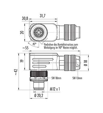 Maßzeichnung M12 Winkelstecker, Polzahl: 4, 6,0-8,0 mm, schirmbar, schraubklemm, IP67, UL 2238, mit Schirmring