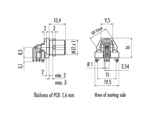 Dessin coté M12 Embase mâle, coudé, Contacts: 5, blindable, THR, IP68, UL 2238, Montage mural arrière, pour assemblage PCB