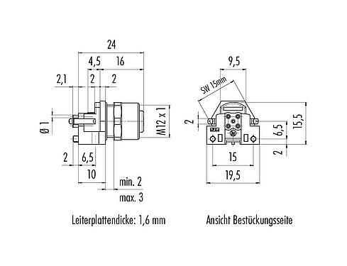 Maßzeichnung M12 Flanschdose, Polzahl: 5, ungeschirmt, THR, IP68, UL 2238, M12x1,0, Frontmontage, für die Leiterplattenmontage