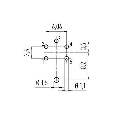Leiterplattenlayout 09 0116 290 05 - M16 Flanschdose, Polzahl: 5 (05-a), schirmbar, THT, IP67, UL, von vorne verschraubbar