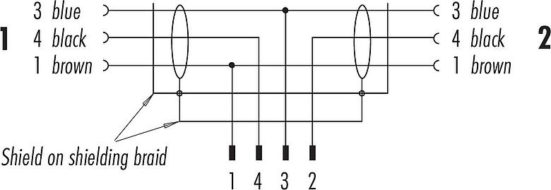 Pin assignment plans M12 Male cable splitter - 2 female cable connectors, Contacts: 4/3, shielded, moulded on the cable, IP68, PUR, black, 3 x 0.34 mm², 2 m