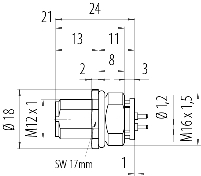 Mittakaavapiirustus M12 Laippapistoke, Napojen määrä: 4, suojaamaton, THR, IP68, UL 2238, M16x1,5, Etukiinnitys