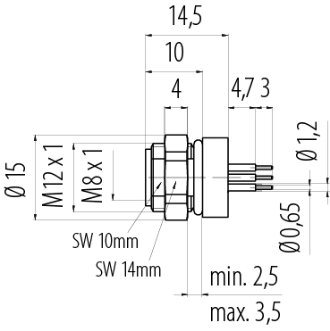 比例图 86 6518 1122 00003 - M8 孔头法兰座, 极数: 3, 非屏蔽, THT, IP67, M12x1.0, 後壁安裝