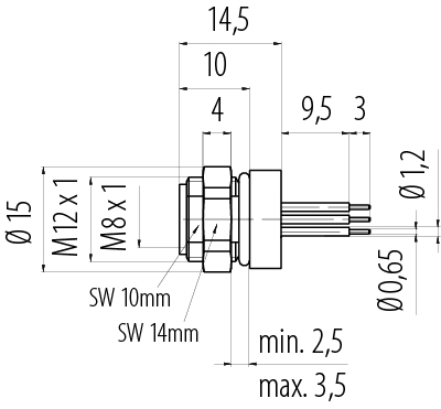 Rysunek z wymiarami 86 6518 1123 00004 - M8 Złącze panelowe żeńskie, Kontaktów: 4, nieekranowany, THT, IP67, M12x1,0, Montaż na ścianie tylnej