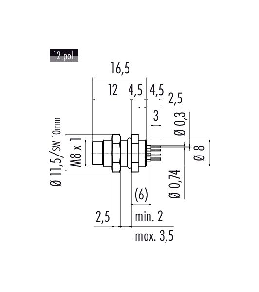 M8, オスパネルマウントコネクタ, IP67/IP69K, 非シールド, 極数: 12