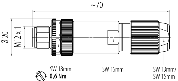 比例圖 M12 直頭針頭電纜連接器, : 5, 5.0-8.0mm, 可接遮罩, 螺釘接線, IP67, UL 2238, 虹膜彈簧