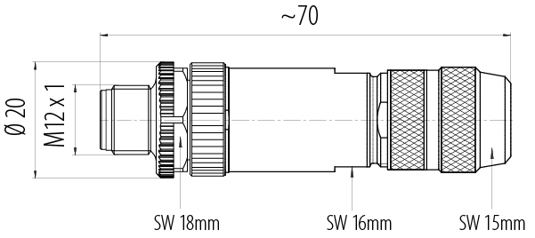 Skalritning M12 Kabelplugg, antal poler: 8, 8,0-9,0 mm, kan skärmas, skruvkläm, IP67, UL 2238, Irisfjäder