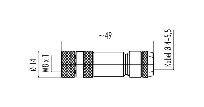 Maßzeichnung M8 Kabeldose, Polzahl: 4, 4,0-5,5 mm, schirmbar, schraubklemm, IP67, UL 2238, Irisfeder