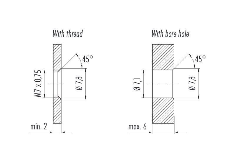 Assembly instructions / Panel cut-out M5 Female panel mount connector, Contacts: 4, unshielded, THT, IP67, UL 2238, M5x0.5, Rear mounting, potted